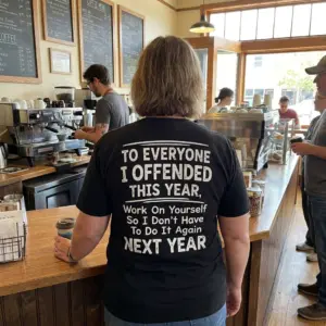 To Everyone I Offended This Year T-Shirt 11 Casual lifestyle setting highlighting the back text design of the offended this year shirt.