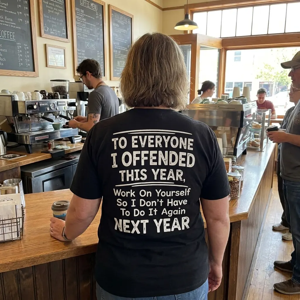 Casual lifestyle setting highlighting the back text design of the offended this year shirt.