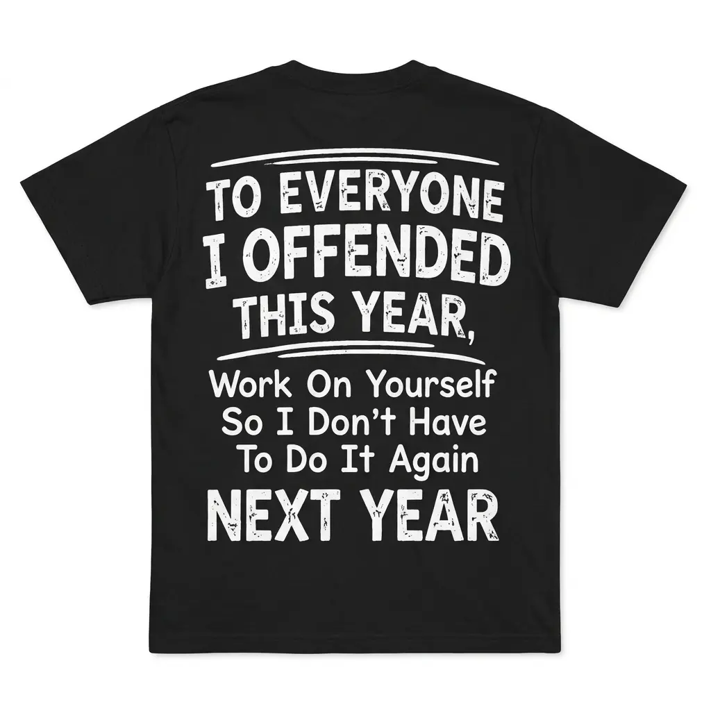 Back flat lay of a black t-shirt printed with To Everyone I Offended This Year, Work On Yourself So I Don't Have To Do It Again Next Year.