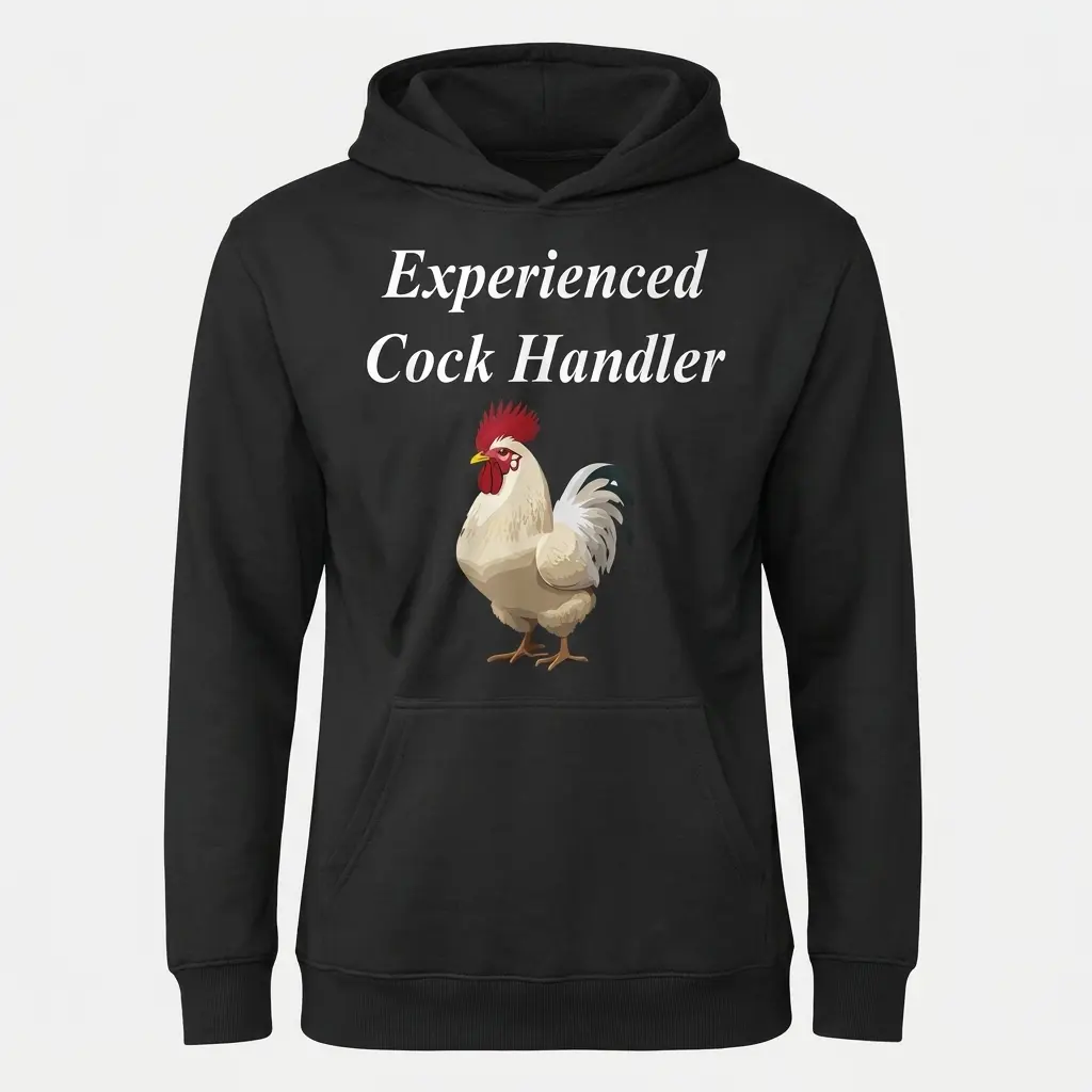 Funny Experienced Cock Handler Chicken Farmer T-Shirt 2 Black hoodie front flat lay with Experienced Cock Handler text and a rooster graphic.