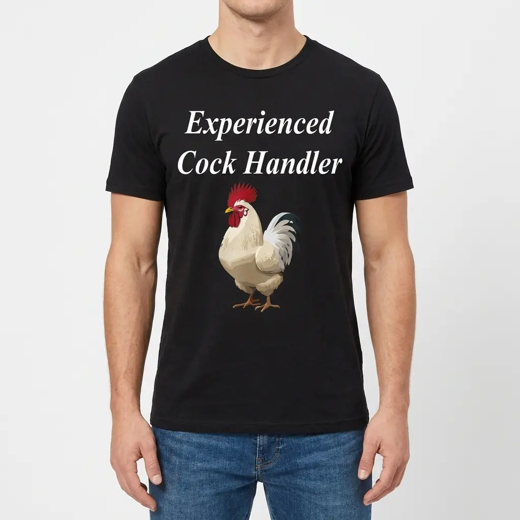 Funny Experienced Cock Handler Chicken Farmer T-Shirt 4 Man wearing a black shirt with Experienced Cock Handler text and a rooster illustration.