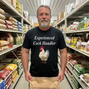Funny Experienced Cock Handler Chicken Farmer T-Shirt 10 Lifestyle view of the black shirt featuring Experienced Cock Handler text and a rooster.