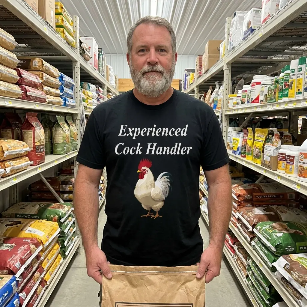 Funny Experienced Cock Handler Chicken Farmer T-Shirt 5 Lifestyle view of the black shirt featuring Experienced Cock Handler text and a rooster.