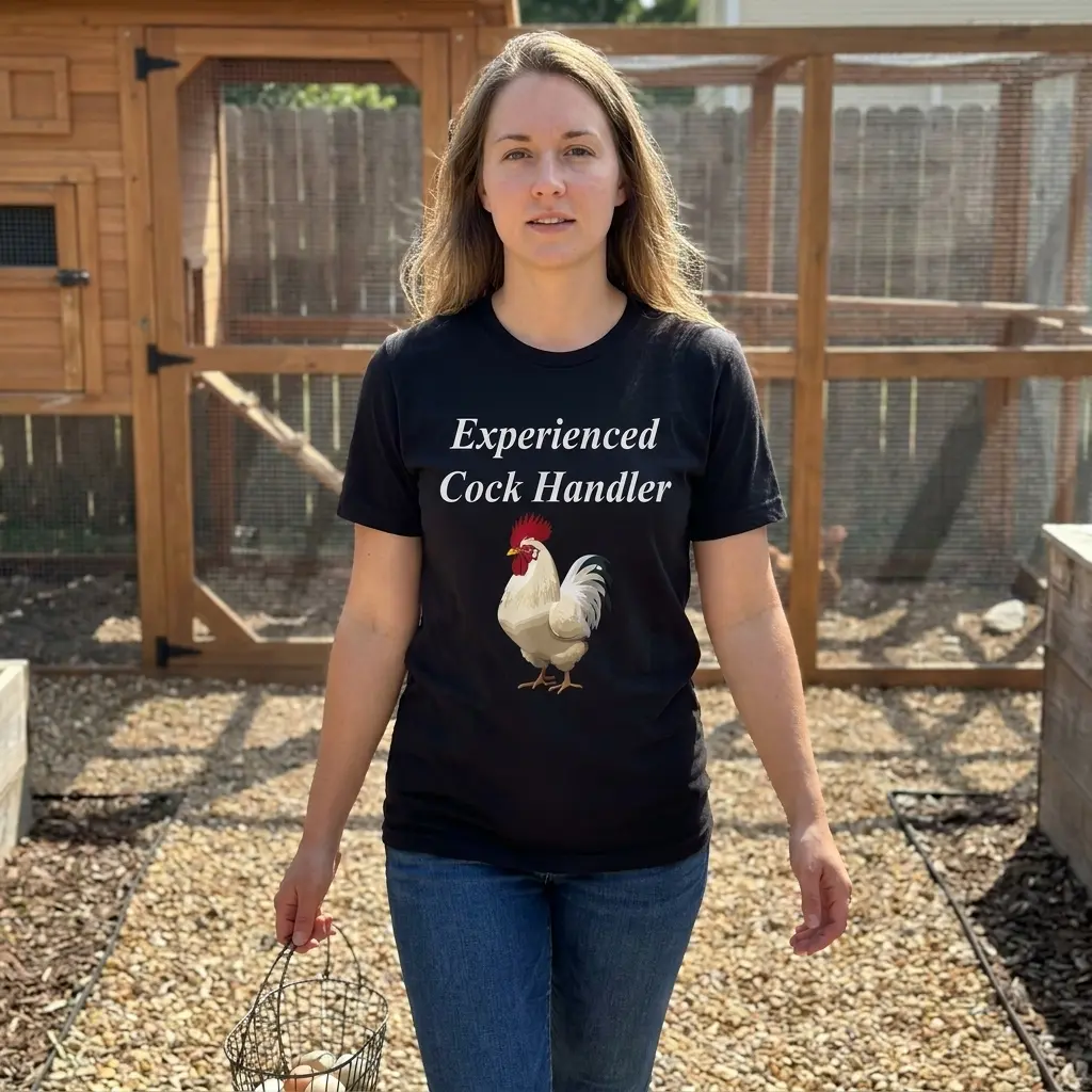 Funny Experienced Cock Handler Chicken Farmer T-Shirt 6 Lifestyle model showcasing the Experienced Cock Handler chicken farmer shirt design.
