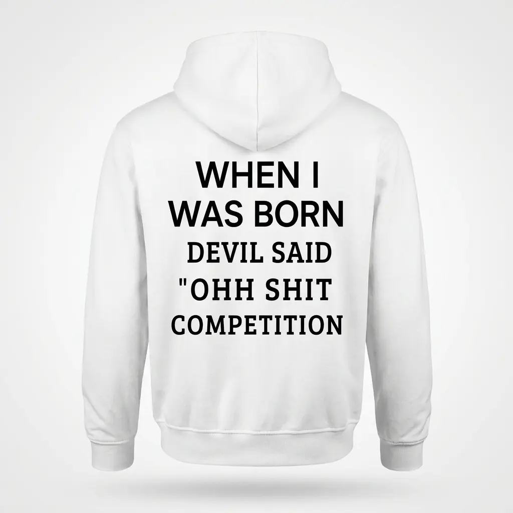 When I Was Born Devil Said Competition T-Shirt 2 White hoodie shown from the back in a flat lay, featuring the black "WHEN I WAS BORN" devil said competition design