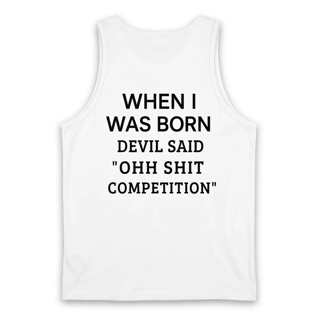 When I Was Born Devil Said Competition T-Shirt 3 White tank top shown from the back in a flat lay, featuring bold black text about being born as devil's competition