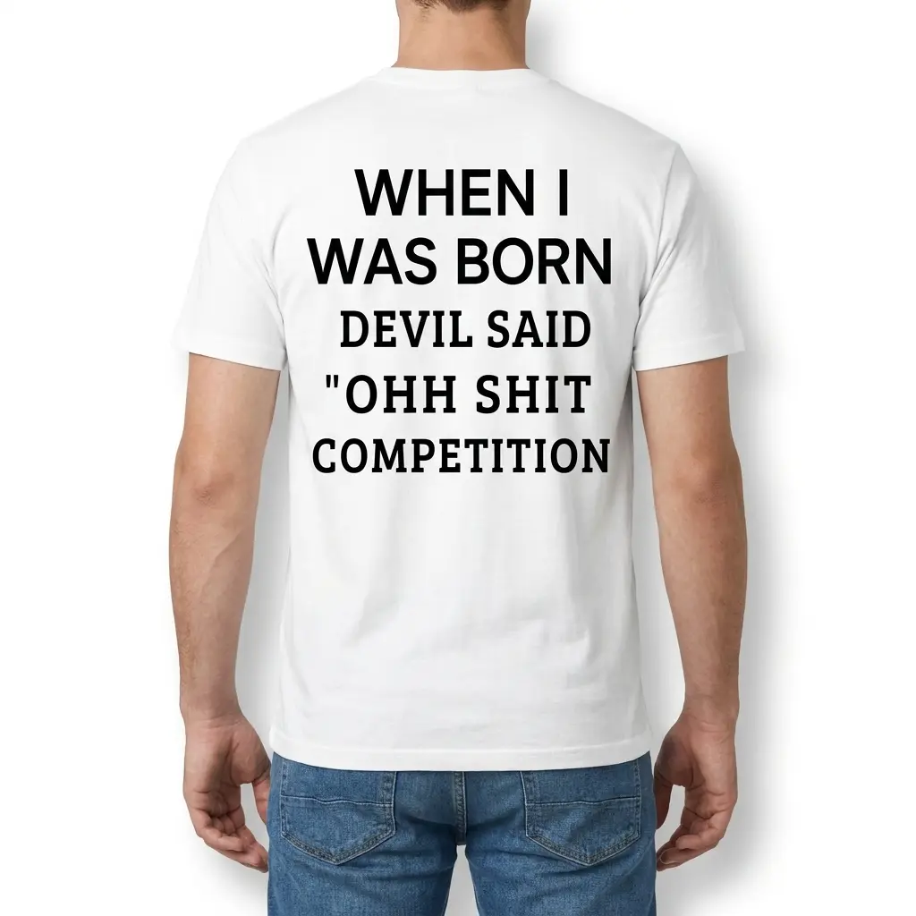 When I Was Born Devil Said Competition T-Shirt 4 Man viewed from the back wearing a white T-shirt with the bold black devil said competition slogan