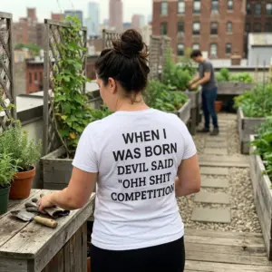 When I Was Born Devil Said Competition T-Shirt 11 White garment displaying the black devil said competition text design