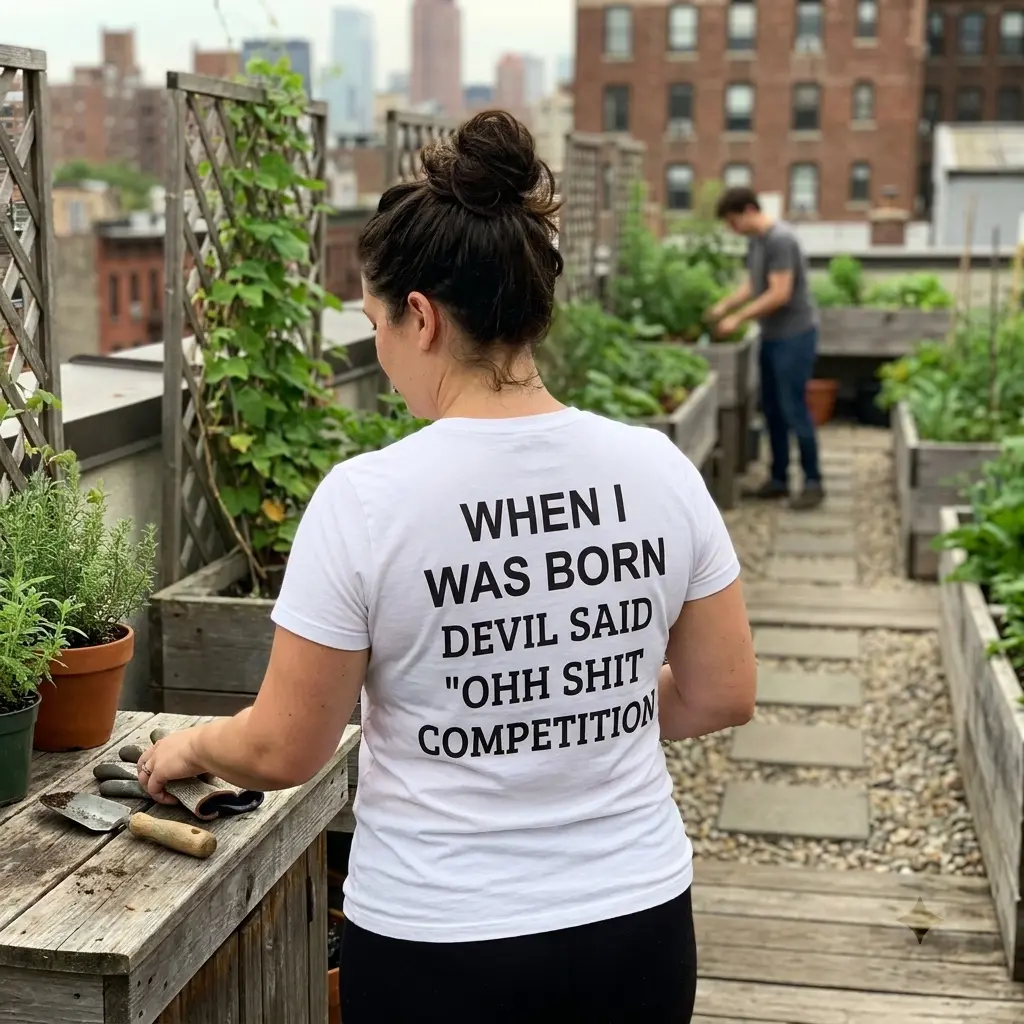 When I Was Born Devil Said Competition T-Shirt 6 White garment displaying the black devil said competition text design
