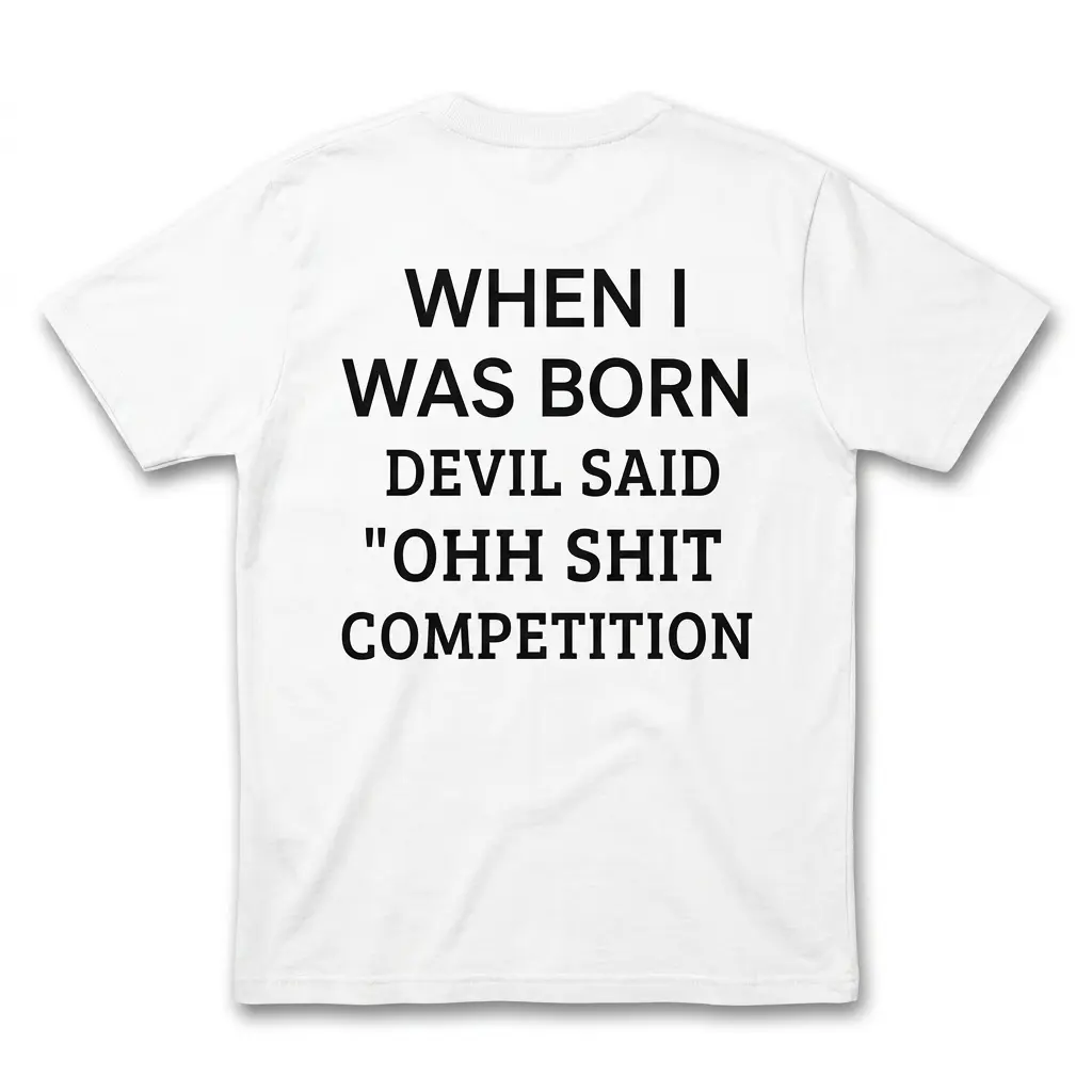 When I Was Born Devil Said Competition T-Shirt 1 White T-shirt shown from the back in a flat lay, printed with bold black text reading "WHEN I WAS BORN DEVIL SAID 'OHH SHIT' COMPETITION
