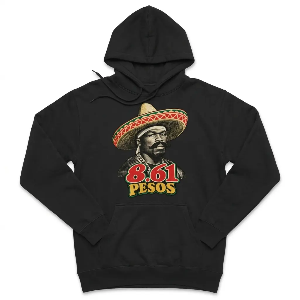 Cozy pullover hoodie displaying black tee front print reading 8.61 PESOS below a vintage portrait wearing a sombrero and mustache