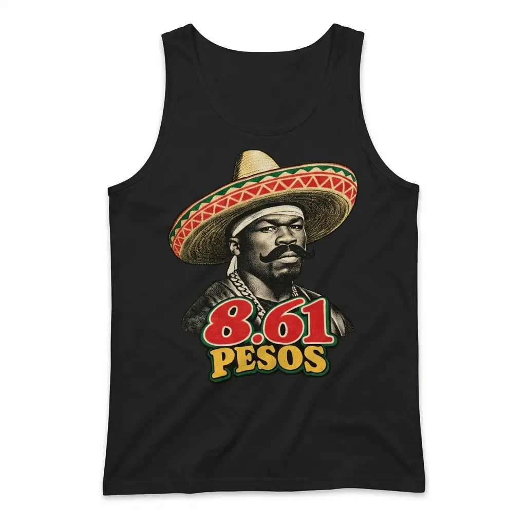 Sleeveless casual tank top with black tee front print reading 8.61 PESOS below a vintage portrait wearing a sombrero and mustache