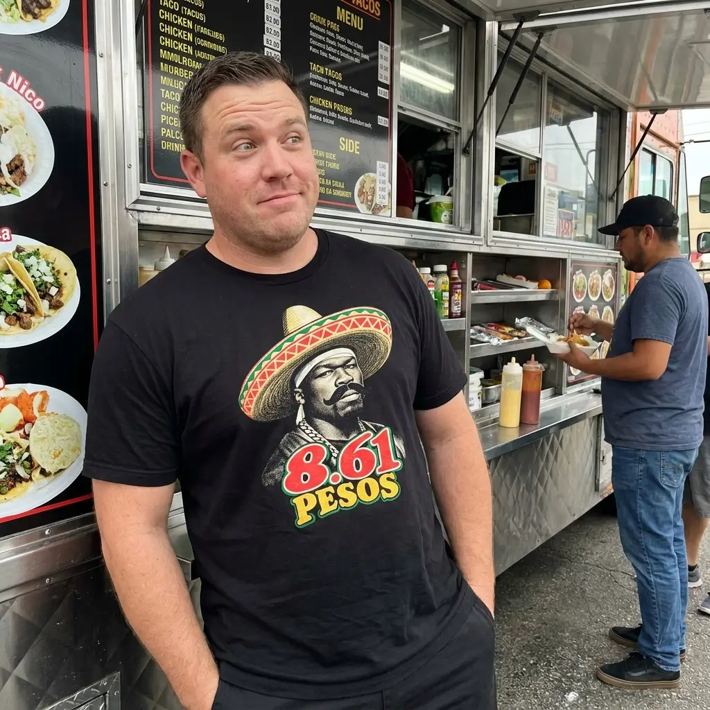 Everyday streetwear outfit styling black shirt with black tee front print reading 8.61 PESOS below a vintage portrait wearing a sombrero and mustache