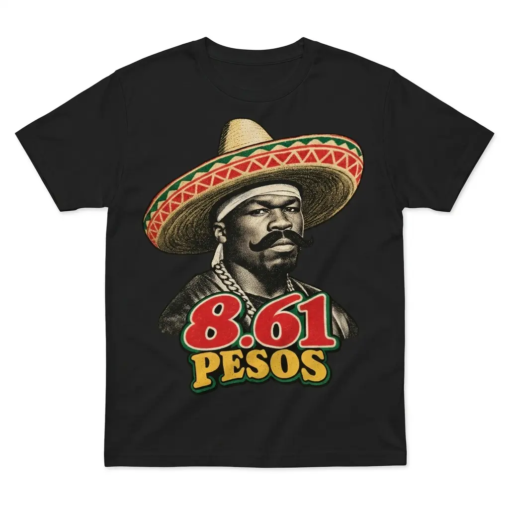 Flatlay black t-shirt featuring black tee front print reading 8.61 PESOS below a vintage portrait wearing a sombrero and mustache