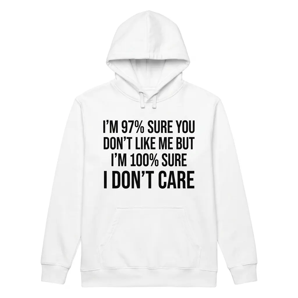 Front flat lay of a hoodie featuring the quote 'I'M 97% SURE YOU DON'T LIKE ME BUT I'M 100% SURE I DON'T CARE'.