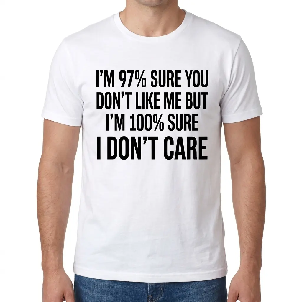 Male model facing forward wearing the sarcastic '97 percent sure you don't like me' graphic t-shirt.