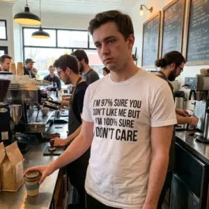97 Percent Sure You Dont Like Me Funny Sarcastic T-Shirt 10 Lifestyle scene highlighting the humorous 'I'M 97% SURE YOU DON'T LIKE ME' quote shirt in daily wear.
