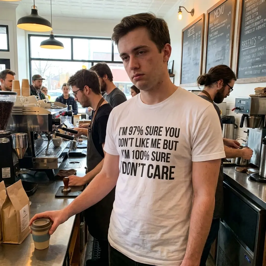 Lifestyle scene highlighting the humorous 'I'M 97% SURE YOU DON'T LIKE ME' quote shirt in daily wear.