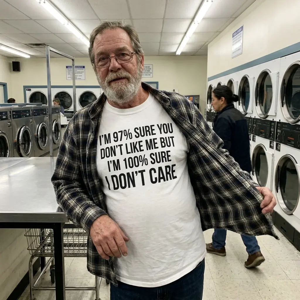 Relaxed lifestyle setting highlighting the humorous '100% sure I don't care' sarcastic statement shirt.