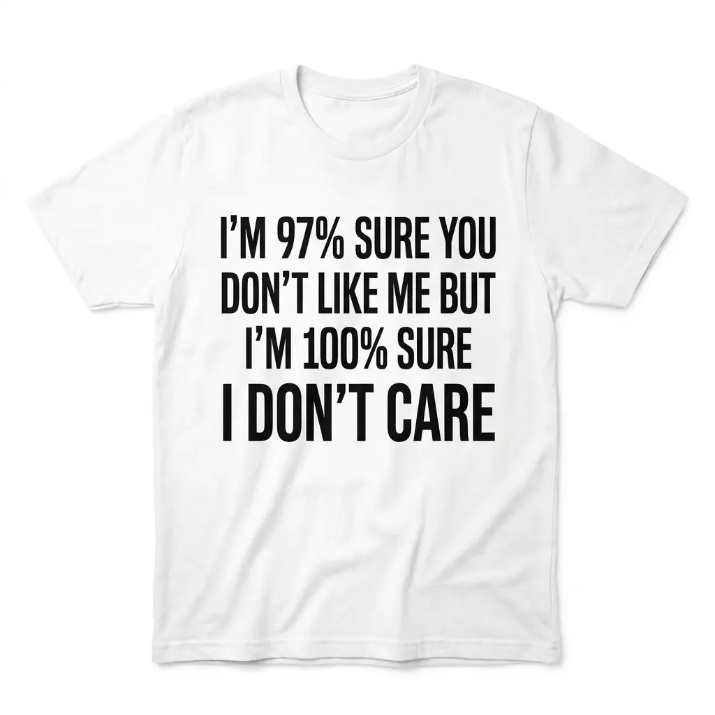 Flat lay front view of a t-shirt with 'I'M 97% SURE YOU DON'T LIKE ME BUT I'M 100% SURE I DON'T CARE' in black text.