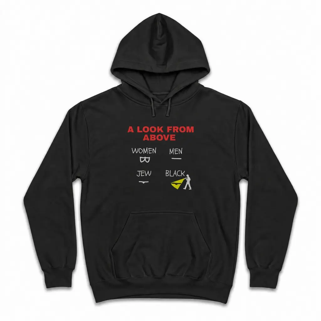 A Look From Above Four Quadrant Minimalist Satire Black T-Shirt 2 Cozy pullover hoodie displaying black tee front print reading A LOOK FROM ABOVE with a four quadrant minimalist white line drawing