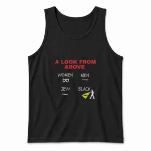 A Look From Above Four Quadrant Minimalist Satire Black T-Shirt 8 Sleeveless casual tank top with black tee front print reading A LOOK FROM ABOVE with a four quadrant minimalist white line drawing
