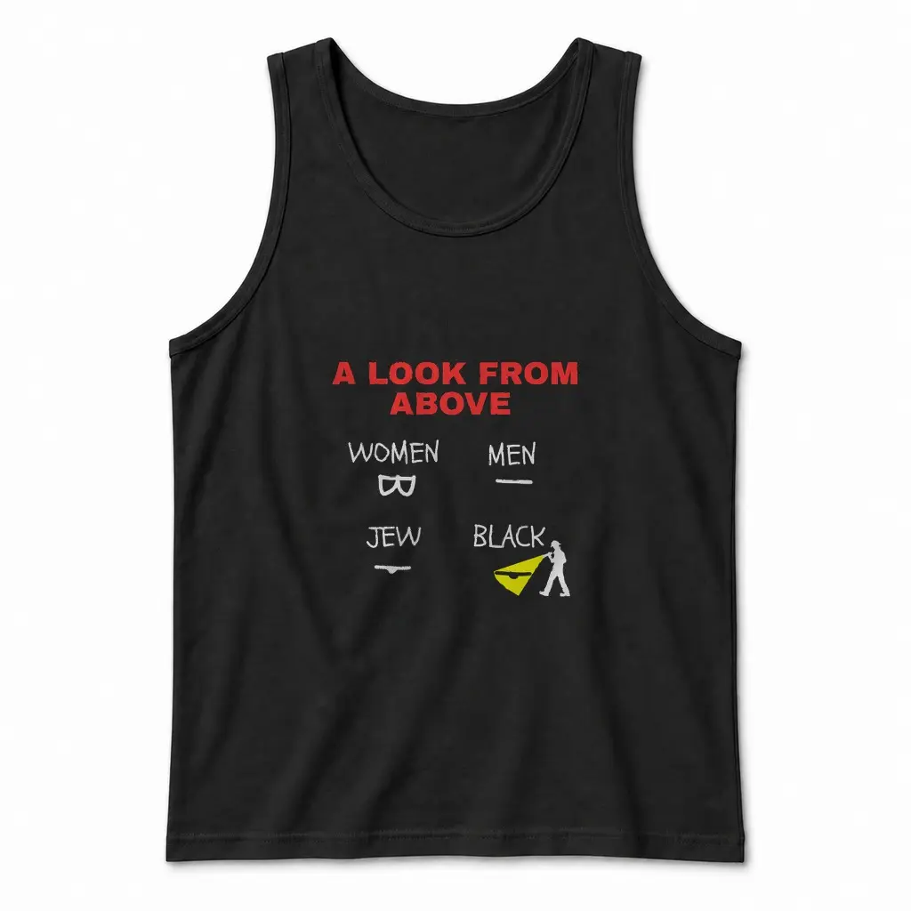 A Look From Above Four Quadrant Minimalist Satire Black T-Shirt 3 Sleeveless casual tank top with black tee front print reading A LOOK FROM ABOVE with a four quadrant minimalist white line drawing