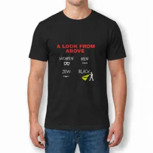 A Look From Above Four Quadrant Minimalist Satire Black T-Shirt 9 Man wearing black graphic tee with black tee front print reading A LOOK FROM ABOVE with a four quadrant minimalist white line drawing