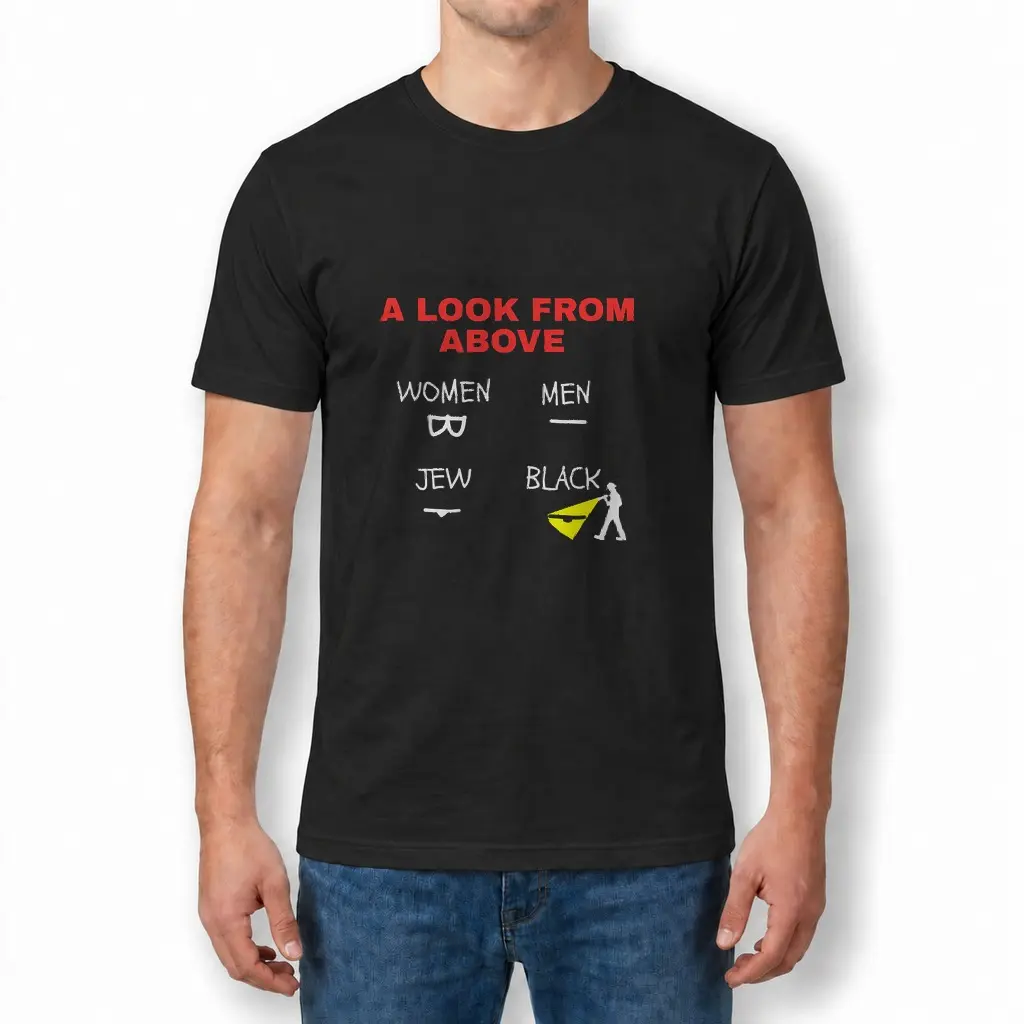 A Look From Above Four Quadrant Minimalist Satire Black T-Shirt 4 Man wearing black graphic tee with black tee front print reading A LOOK FROM ABOVE with a four quadrant minimalist white line drawing