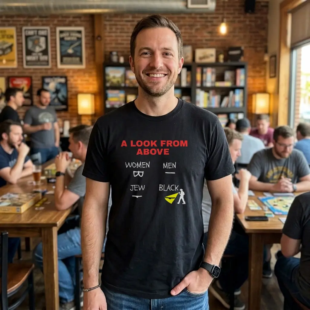 A Look From Above Four Quadrant Minimalist Satire Black T-Shirt 5 Everyday streetwear outfit styling black shirt with black tee front print reading A LOOK FROM ABOVE with a four quadrant minimalist white line drawing
