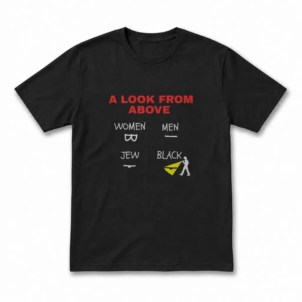 A Look From Above Four Quadrant Minimalist Satire Black T-Shirt 1 Flatlay black t-shirt featuring black tee front print reading A LOOK FROM ABOVE with a four quadrant minimalist white line drawing