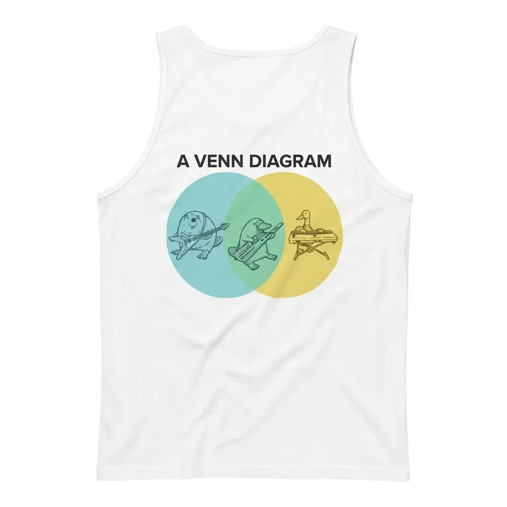 A Venn Diagram Beaver Duck Platypus Keytar Funny T-Shirt 3 Sleeveless casual tank top with white tee back print reading A VENN DIAGRAM with a beaver duck and platypus playing instruments