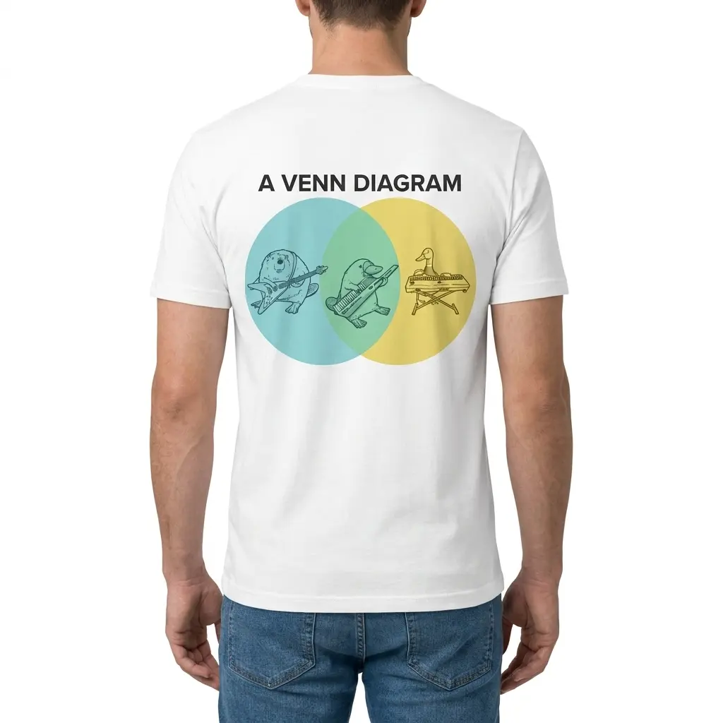A Venn Diagram Beaver Duck Platypus Keytar Funny T-Shirt 4 Man wearing white graphic tee with white tee back print reading A VENN DIAGRAM with a beaver duck and platypus playing instruments