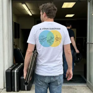 A Venn Diagram Beaver Duck Platypus Keytar Funny T-Shirt 10 Everyday streetwear outfit styling white shirt with white tee back print reading A VENN DIAGRAM with a beaver duck and platypus playing instruments