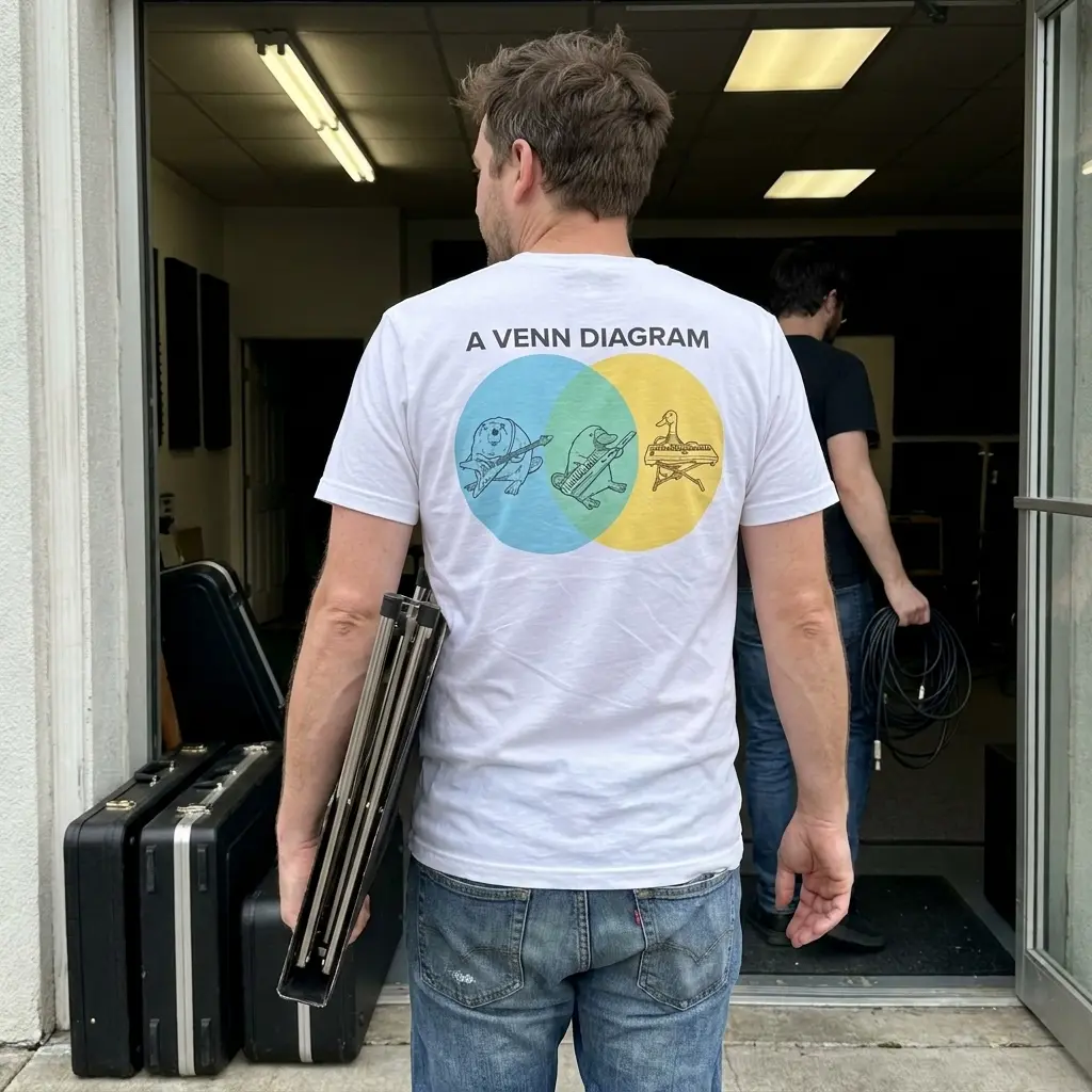 A Venn Diagram Beaver Duck Platypus Keytar Funny T-Shirt 5 Everyday streetwear outfit styling white shirt with white tee back print reading A VENN DIAGRAM with a beaver duck and platypus playing instruments