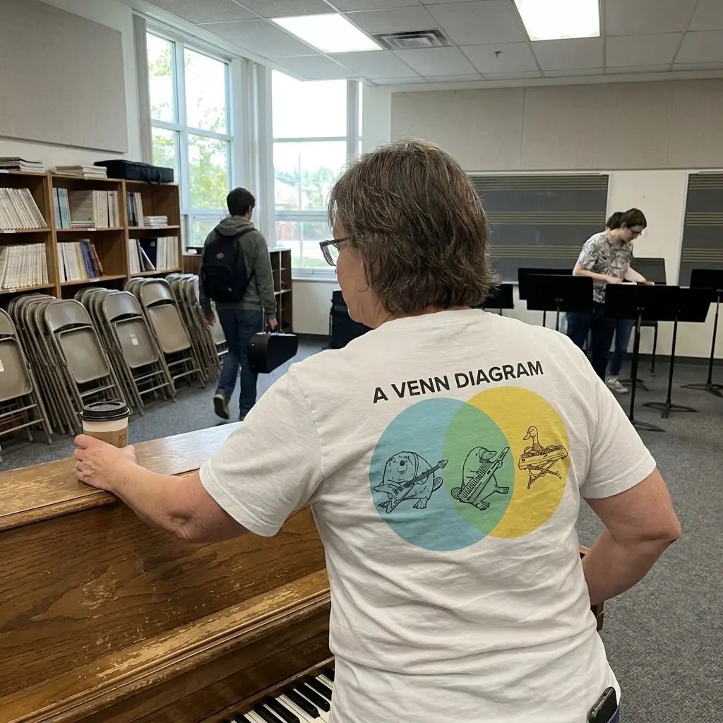 A Venn Diagram Beaver Duck Platypus Keytar Funny T-Shirt 6 Close-up casual look showcasing white tee and white tee back print reading A VENN DIAGRAM with a beaver duck and platypus playing instruments