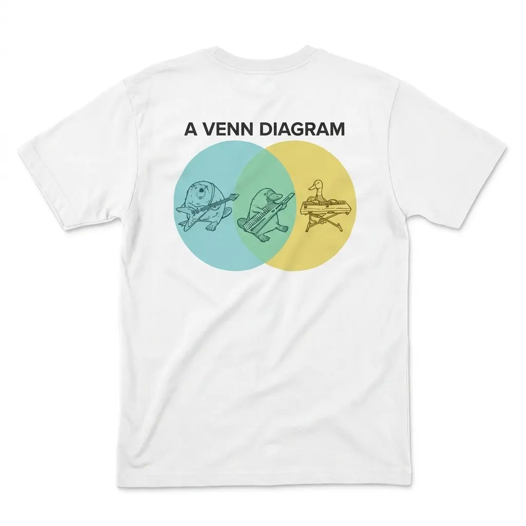 A Venn Diagram Beaver Duck Platypus Keytar Funny T-Shirt 1 Flatlay white t-shirt featuring white tee back print reading A VENN DIAGRAM with a beaver duck and platypus playing instruments