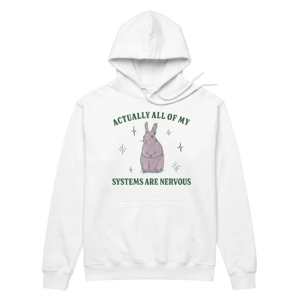 Cozy pullover hoodie displaying white tee front print reading ACTUALLY ALL OF MY SYSTEMS ARE NERVOUS with a wide-eyed pastel bunny
