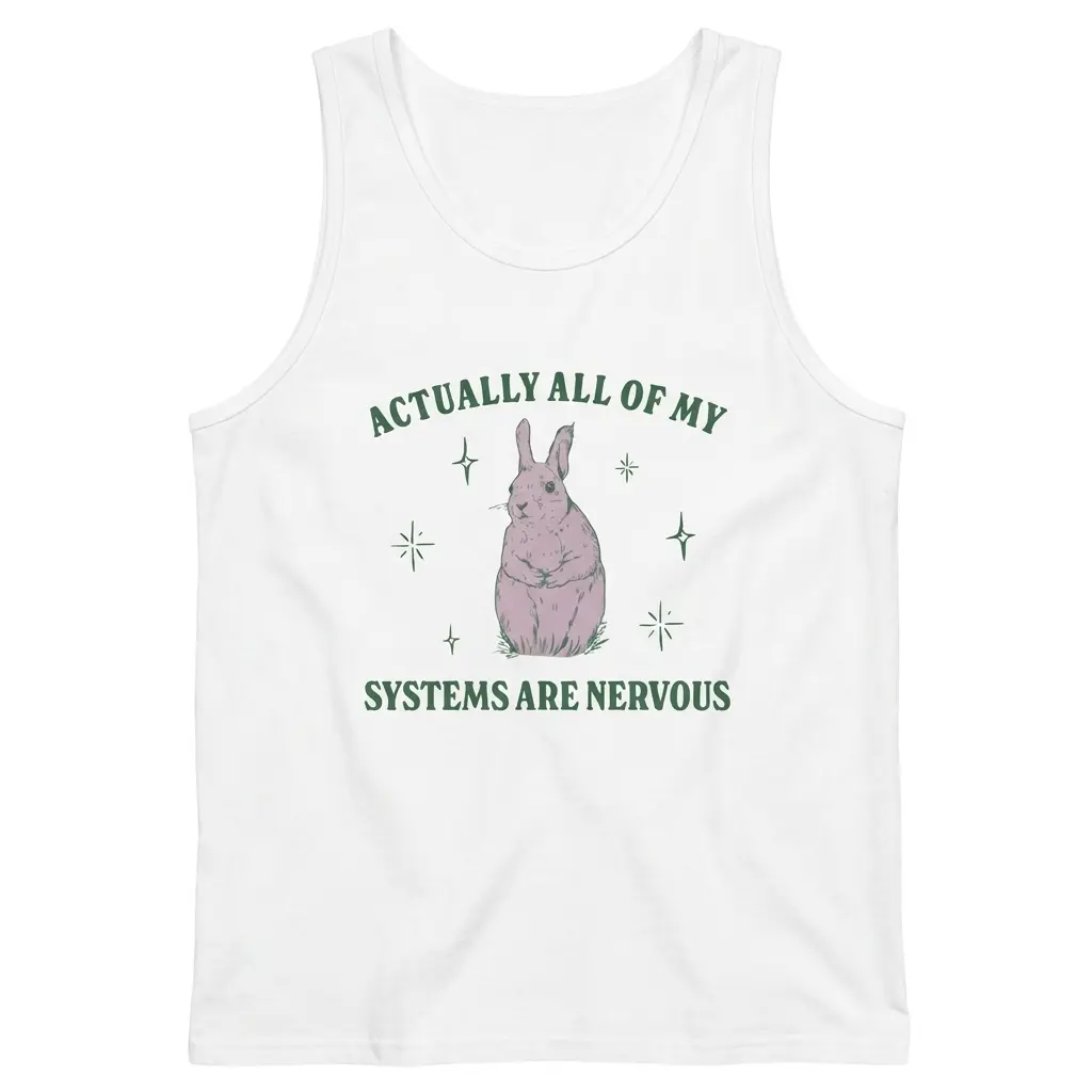Sleeveless casual tank top with white tee front print reading ACTUALLY ALL OF MY SYSTEMS ARE NERVOUS with a wide-eyed pastel bunny