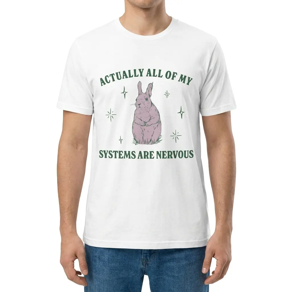 Man wearing white graphic tee with white tee front print reading ACTUALLY ALL OF MY SYSTEMS ARE NERVOUS with a wide-eyed pastel bunny