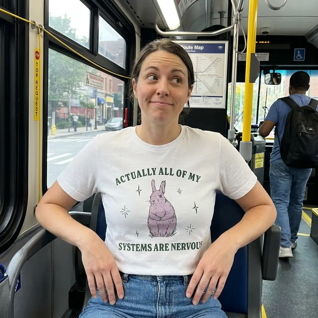 Everyday streetwear outfit styling white shirt with white tee front print reading ACTUALLY ALL OF MY SYSTEMS ARE NERVOUS with a wide-eyed pastel bunny
