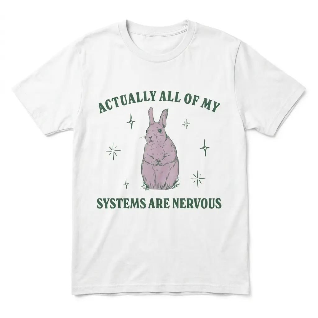 Flatlay white t-shirt featuring white tee front print reading ACTUALLY ALL OF MY SYSTEMS ARE NERVOUS with a wide-eyed pastel bunny