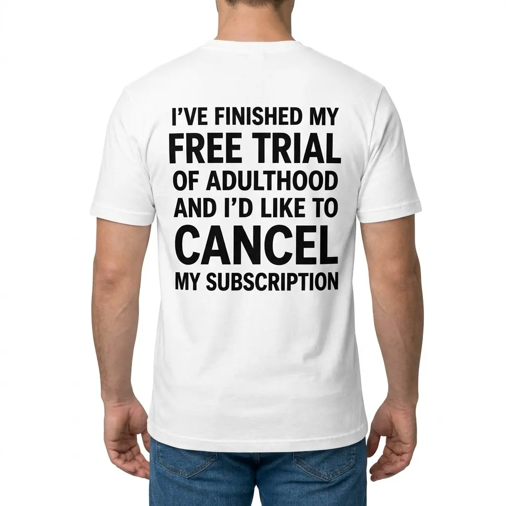 Adulting Cancelled Funny T-Shirt 4 Back view of a man wearing a white t-shirt featuring the text "I've Finished My Free Trial Of Adulthood And I'd Like To Cancel My Subscription".