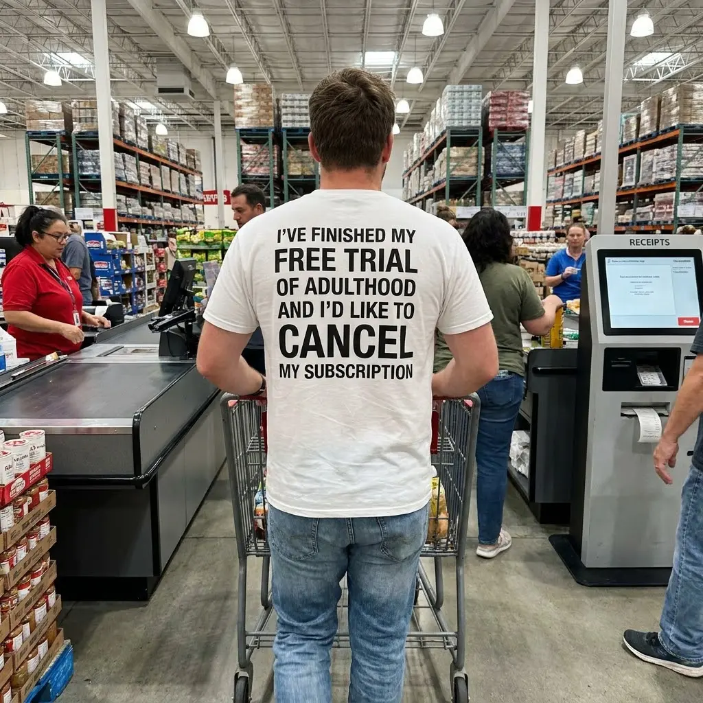 Adulting Cancelled Funny T-Shirt 5 Lifestyle photo showing the funny adulting text print on the back of a white shirt.