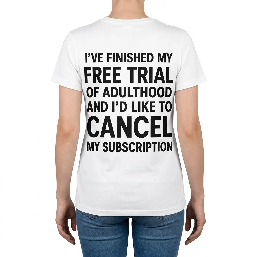 Adulting Cancelled Funny T-Shirt 6 Back view of a woman wearing a white t-shirt featuring the text "I've Finished My Free Trial Of Adulthood And I'd Like To Cancel My Subscription".