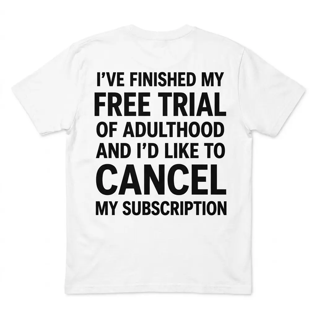 Adulting Cancelled Funny T-Shirt 1 Back view flat lay of a white t-shirt with black text reading "I've Finished My Free Trial Of Adulthood And I'd Like To Cancel My Subscription".