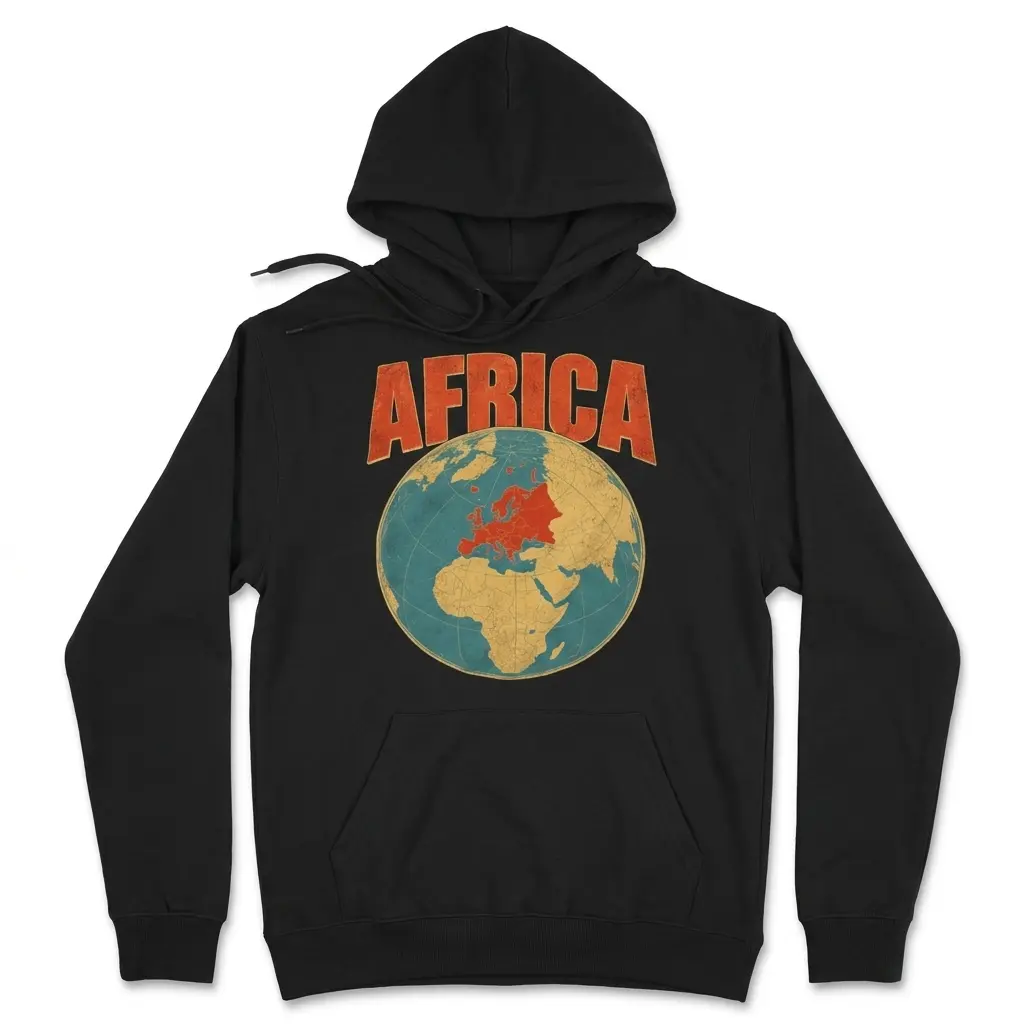 Cozy pullover hoodie displaying black tee front print reading AFRICA above a vintage globe highlighting Europe in red