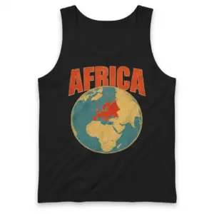 Africa Label With Europe Highlighted Globe Meme T-Shirt 8 Sleeveless casual tank top with black tee front print reading AFRICA above a vintage globe highlighting Europe in red