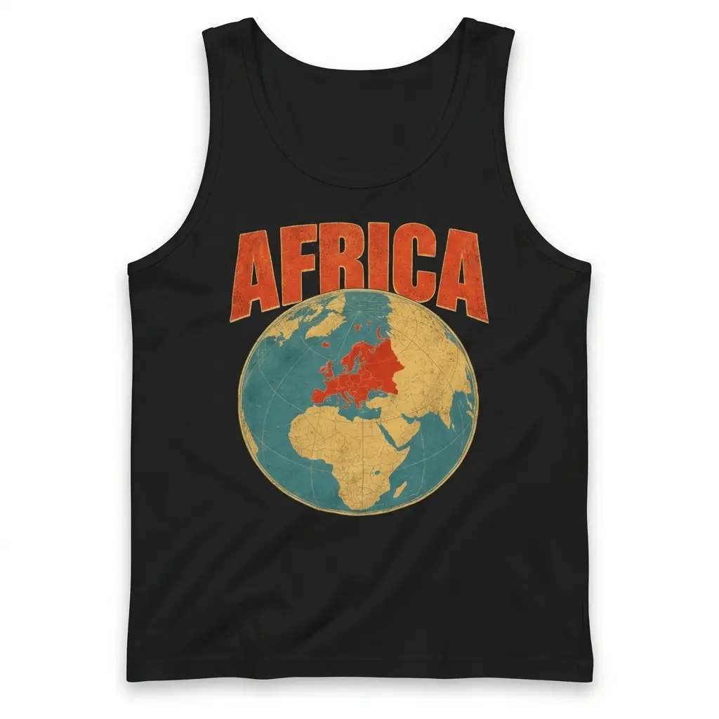 Sleeveless casual tank top with black tee front print reading AFRICA above a vintage globe highlighting Europe in red
