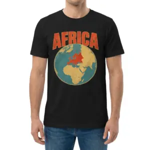 Africa Label With Europe Highlighted Globe Meme T-Shirt 9 Man wearing black graphic tee with black tee front print reading AFRICA above a vintage globe highlighting Europe in red
